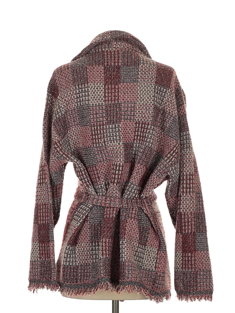 Plaid Knit Belted Cardigan Jacket in Rose and Gray - Picture 4 of 4